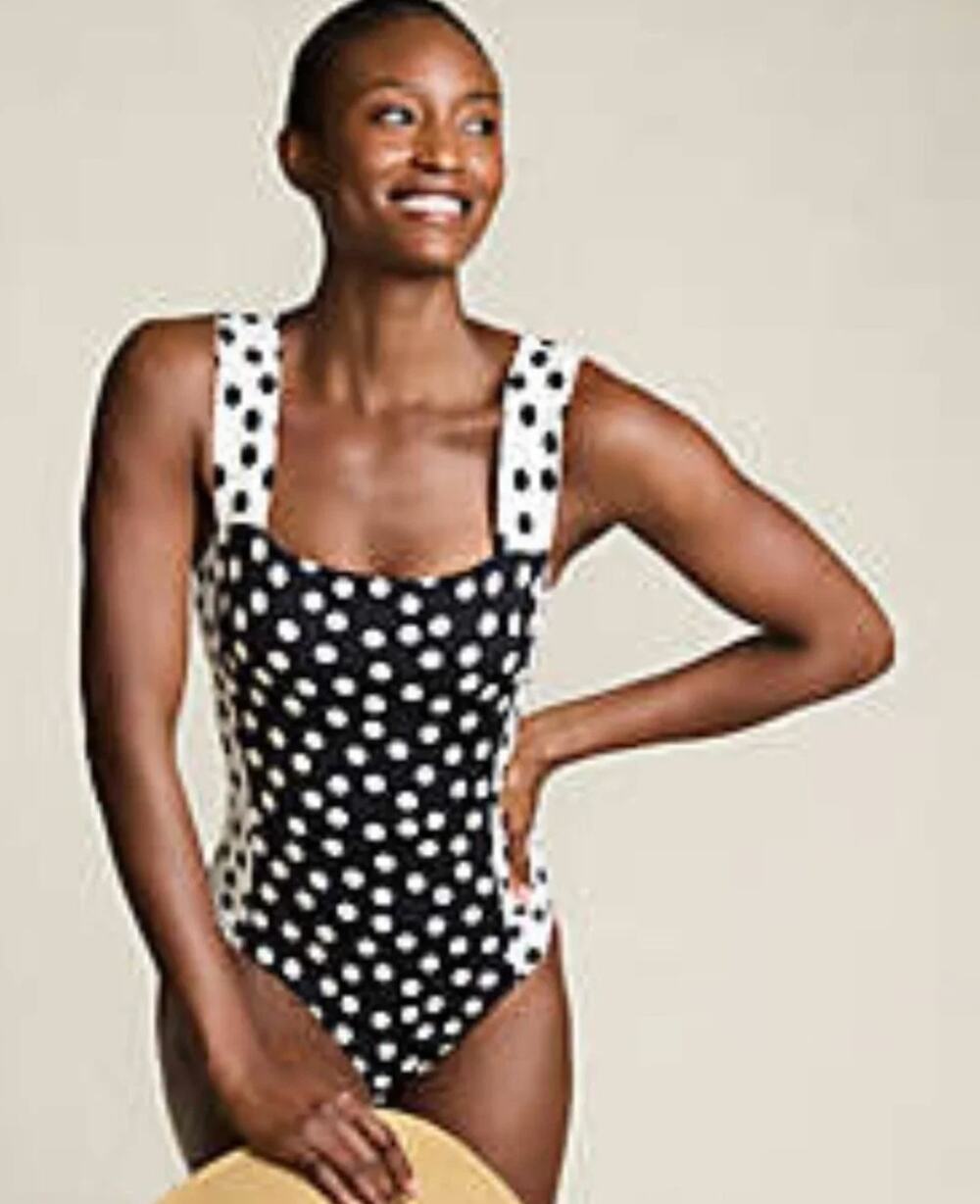 Land's End Vintage Style Black White Polka Dot One Piece Swimsuit Size 12 NWT